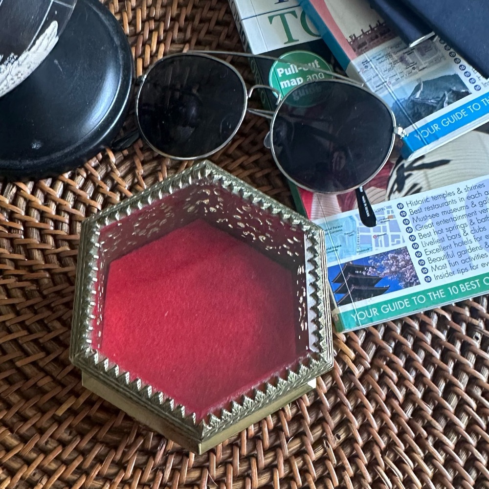 Vintage Metal Hexagon Jewelry Trinket Box with Beveled Glass Lid, 4" Keepsake